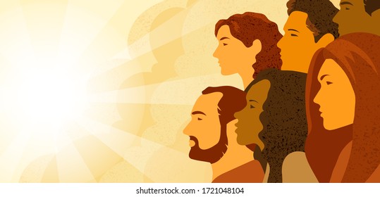 Vector illustration of multinational group of people - men and women looking into the distance. Concept of hope, concern about changing of the climate and planning of future.