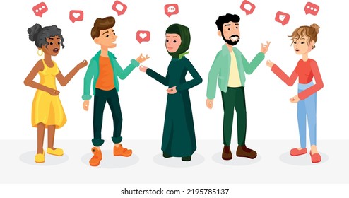 Vector illustration of a multinational group of people having a dialogue with each other. They have different cultures and different communication. Racial diversity concept.