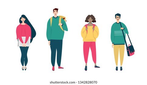 Vector illustration. Multinational group of students. Two girls of African and European appearance. Two guys European and Asian  appearance. Flat design. Design template celebration.