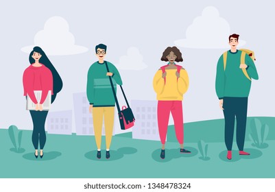 Vector illustration. Multinational group of students on the green lawn. Two girls of African and European appearance. Two guys European and Asian  appearance. Flat design. Design template celebration.