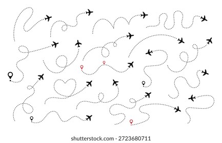 Eine Vektorgrafik mehrerer Flugwege eines Flugzeugs auf einer Karte mit roten und schwarzen Markierungen, mit verschiedenen Routen und Zielen, auf einfache und stilisierte Weise einzeln auf weißem Hintergrund dargestellt