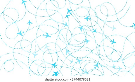 Vector illustration of multiple blue airplanes flying on dotted line flight paths. Abstract background concept for travel, aviation, and global logistics.