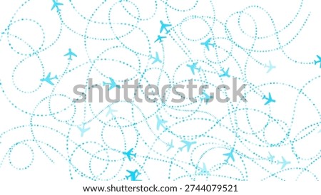 Vector illustration of multiple blue airplanes flying on dotted line flight paths. Abstract background concept for travel, aviation, and global logistics.