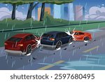 A vector illustration of Multiple Car Accidents on a Rainy Day 