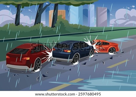 A vector illustration of Multiple Car Accidents on a Rainy Day 