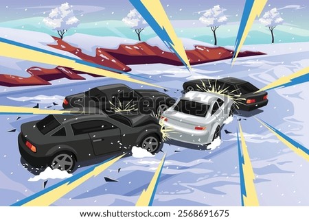 A vector illustration of Multiple Cars Accident on Icy Winter Road