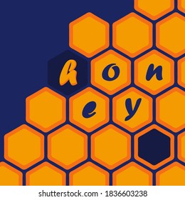 Vector illustration of multiple cells of orange color on dark blue background with inscription of honey