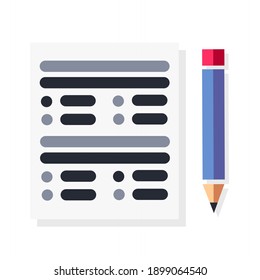 Vector Illustration Of Multiple Choice Question And Answer Sheets, And A Pencil.  Illustrations For Exams, Stationery.  Minimalist Flat Design