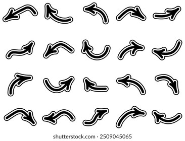 Vector illustration of multiple curved black arrows with bold white outlines in various directions and styles.