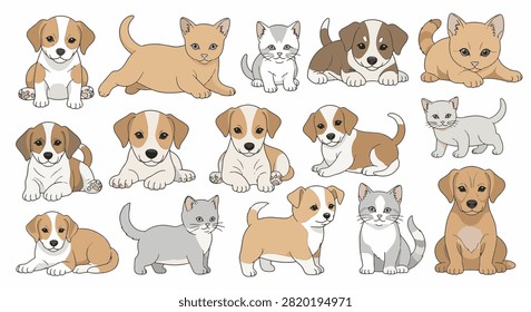 Vector illustration of multiple cute domestic animal puppies and kittens set on a white background. Includes various dog and cat breeds in cartoon style, sitting, lying, and standing poses.