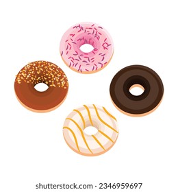 Vector illustration of multiple donuts cake in cartoon flat style. Delicious pink and chocolate art dessert. Pastry and bakery element for logo, icon, sticker, emblem etc isolated on white background.