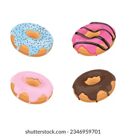 Vector illustration of multiple donuts cake in cartoon flat style. Delicious pink and chocolate art dessert. Pastry and bakery element for logo, icon, sticker, emblem etc isolated on white background.