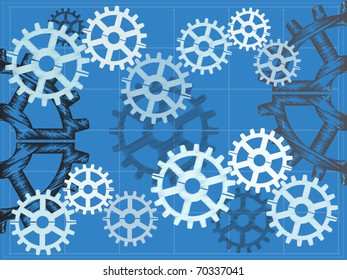 vector illustration Multiple gears on blueprint grid sketch hand draw style editable vector illustration