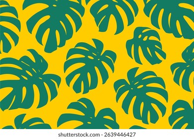 Vector illustration of multiple green monstera leaves on a bright yellow background. Perfect for tropical patterns, summer graphics, botanical prints, and decorative design projects.
