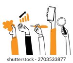 Vector illustration of multiple hands holding various including a puzzle piece, bar chart, pen, smartphone, and magnifying glass. A hand-drawn doodle style concept symbolizing teamwork, multitasking
