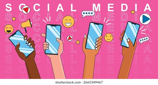 Vector illustration of multiple hands holding smartphones with social media icons, perfect for internet celebration, online community, social networking.