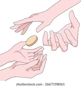 Vector illustration of multiple hands passing a golden coin, reaching, symbolizing giving, sharing, charity, donation, business transaction, teamwork, or financial exchange concept