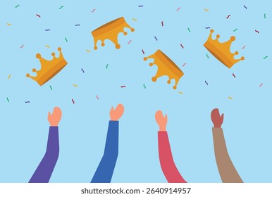 Vector illustration of multiple hands throwing a crown into the air, symbolizing collective success, celebration, unity, teamwork, and shared achievement among a group
