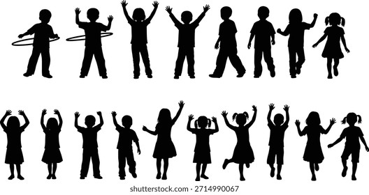 Vector illustration of multiple kids silhouettes jumping, dancing, hula hooping, and playing together, perfect for school, playground, or children’s activity design content.