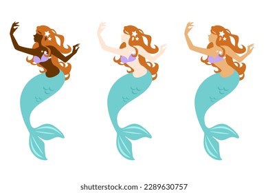 Vector illustration of multiple mermaids with racial diversity, different skin color.