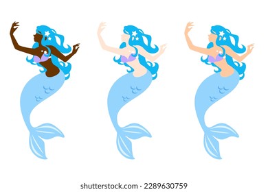 Vector illustration of multiple mermaids with racial diversity, different skin color.