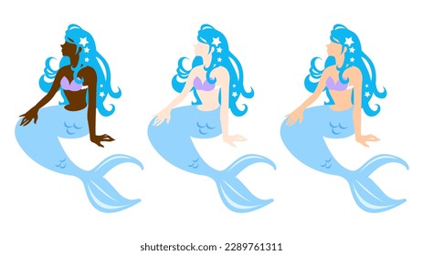 Vector illustration of multiple mermaids with racial diversity, different skin color.