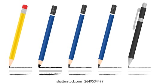 Vector illustration of multiple pencil types with straight drawn strokes, including general, EE, 2B, HB, and mechanical.