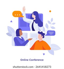 Vector illustration with multiple people at an online conference. Concept of virtual meeting, webinar for distance learning. Group video call illustration for business communication.