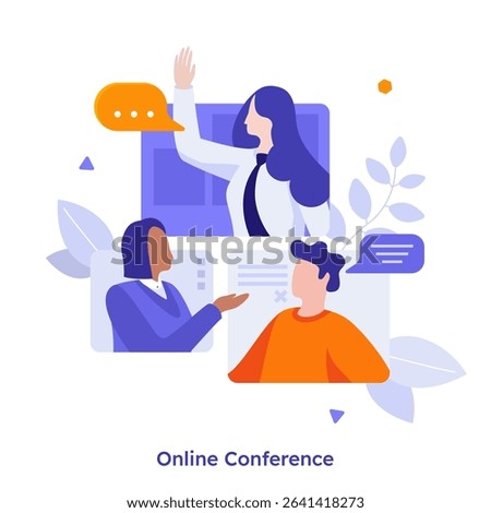 Vector illustration with multiple people at an online conference. Concept of virtual meeting, webinar for distance learning. Group video call illustration for business communication.