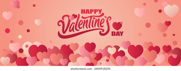 Vector illustration of multiple red, pink, and white gradient hearts of different sizes flying upwards on a pink gradient background, with handwritten calligraphy design for Valentine’s Day.