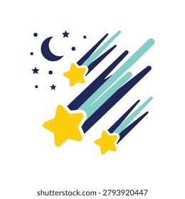 Vector illustration of multiple shooting stars with bright trails streaking across a dark night sky filled with stars.