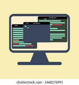 Vector Illustration Of Multiple Terminals Or Command Line Interface Running On Computer Screen