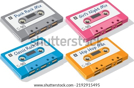 Vector Illustration of multiple vintage cassette mix tapes.
Digital drawing of four mix tapes, each with a different genre of music.