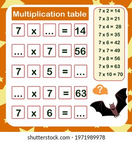 vector illustration of the multiplication table by 7 with a task to consolidate the knowledge of multiplication