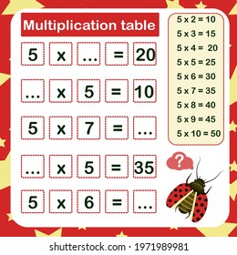 vector illustration of the multiplication table by 5 with a task to consolidate the knowledge of multiplication