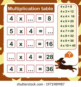 vector illustration of the multiplication table by 4 with a task to consolidate the knowledge of multiplication