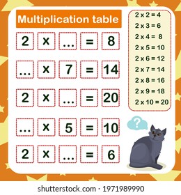 vector illustration of the multiplication table by 2 with a task to consolidate the knowledge of multiplication