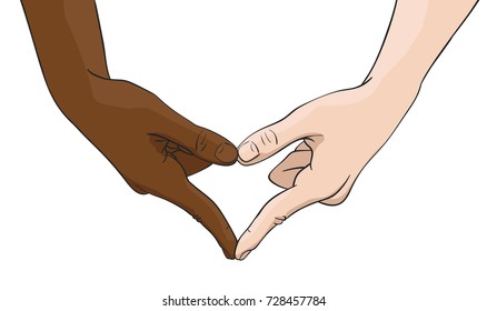 Vector Illustration Of Multiracial Hands Showing Heart Shape Gesture, Love And Friendship Concept Between Multi Ethnic Woman And Man, Illustration In Colored Sketch Style Isolated On White Background