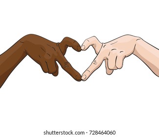 Vector Illustration Of Multiracial Hands Showing Heart Shape Gesture, Love And Friendship Concept Between Multi Ethnic Woman And Man, Illustration In Colored Sketch Style Isolated On White Background