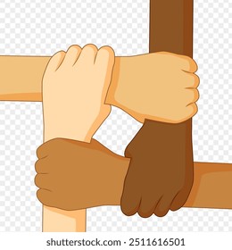 Ilustración vectorial de manos multirraciales juntas sobre fondo transparente
