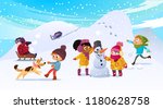 Vector Illustration of multiracial kids playing outdoors. Girls and boys making snowman in winter, children playing in snowballs, sledding, playing with dog. Mentor man looks after the children.
