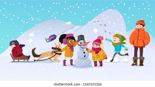 Vector Illustration of multiracial kids playing outdoors. Girls and boys making snowman in winter, children playing in snowballs, sledding, playing with dog. Mentor man looks after the children