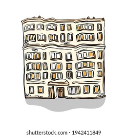 Vector illustration of a multi-storey building. House in free hand style isolated on white background.