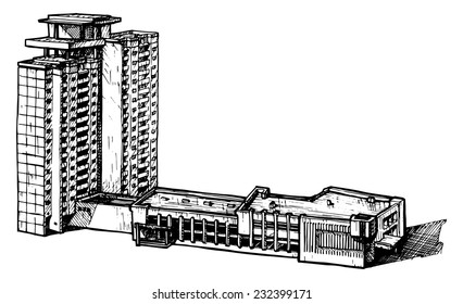 vector illustration of a multi-storey building  stylized as engraving
