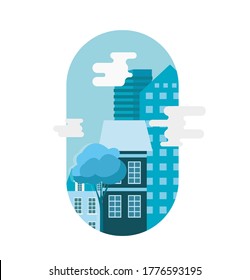 Vector illustration of multi-storey company buildings and houses between green trees and clouds