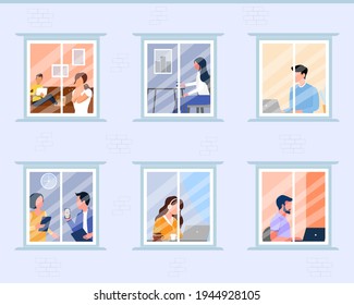 Vector illustration of a multi-storey house, view from the windows