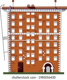 Vector illustration of a multi-storey red brick building in flat cartoon style on white background. Web, print design for real estate agency and business websites.