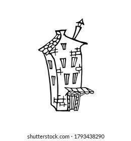 Vector illustration of multistory house with chimney, tile on the roof. Doodle isolated on white background.