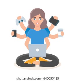 Vector illustration of a multi-tasking girl holding gadgets and electronics