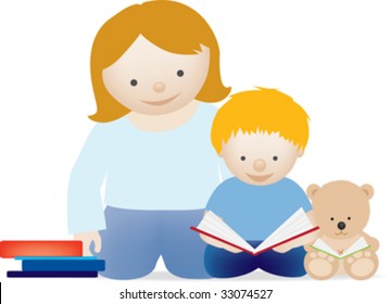 A vector illustration of a mum and her little boy reading a book